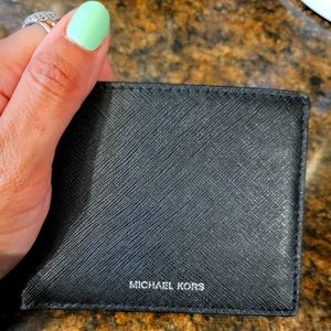 Michael Kors Black Cross Grain Saffiano Leather Slim Wallet Billfold